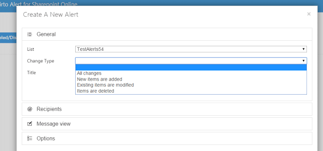 SharePoint alert creation form showing list selection and change type options dropdown menu