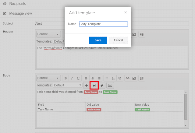 Dialog box for adding a new email template named "Body Template" with Save and Cancel buttons