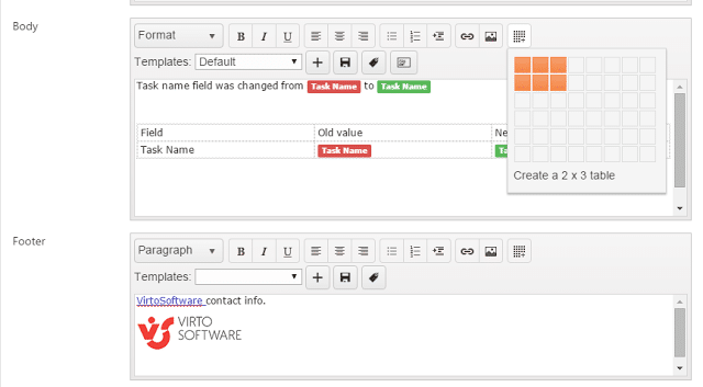 Email template editor showing body and footer sections with formatting tools and a 2x3 table option.