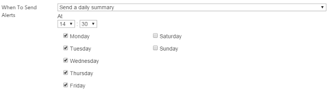 Daily alert scheduling interface with weekday selection options and time settings
