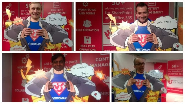 Men revealing Virtoman superhero logos beneath their shirts at SharePoint Conference 2016