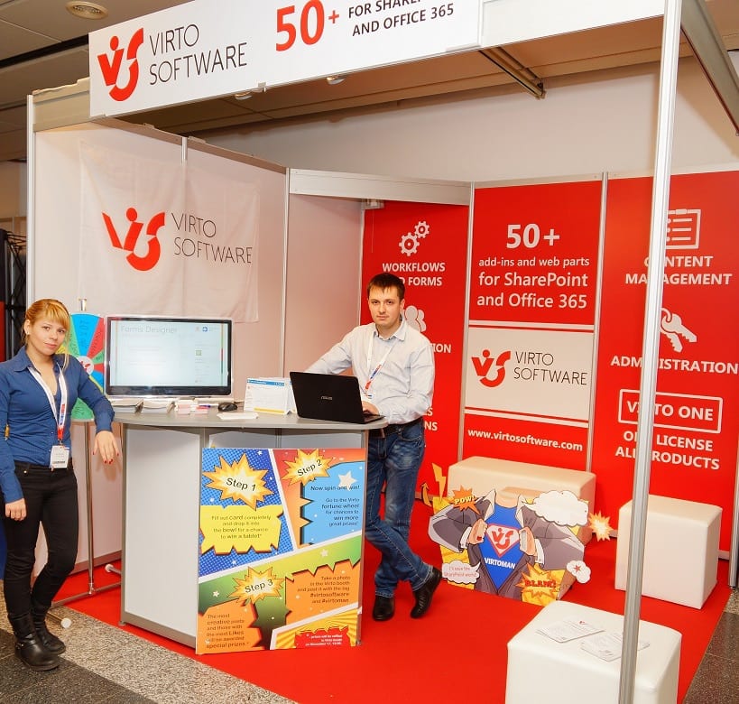 Virto Software booth at SharePoint conference with staff and product displays.