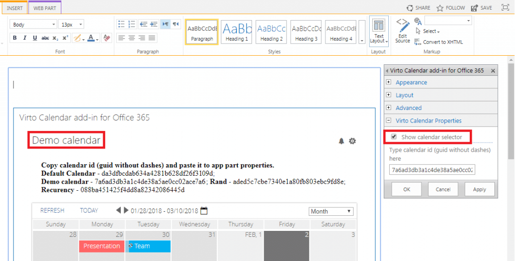Virto Calendar add-in interface showing demo calendar with event scheduling and properties panel
