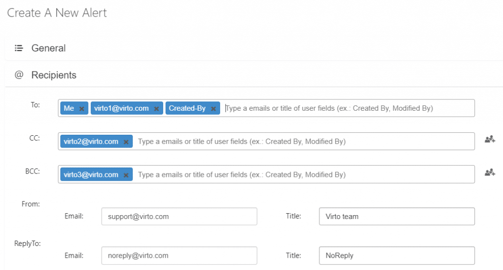 Alert creation form showing email recipient fields for To, CC, BCC, From, and ReplyTo options.