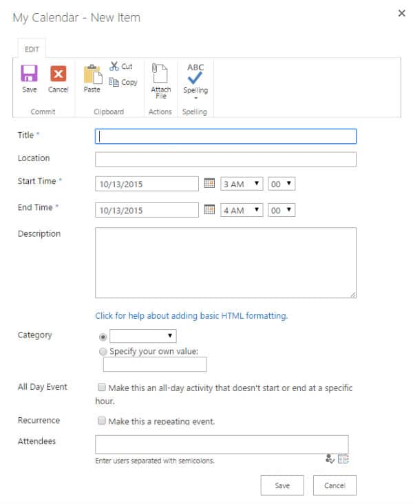 Calendar event creation form with fields for title, location, date, time, description, and attendees