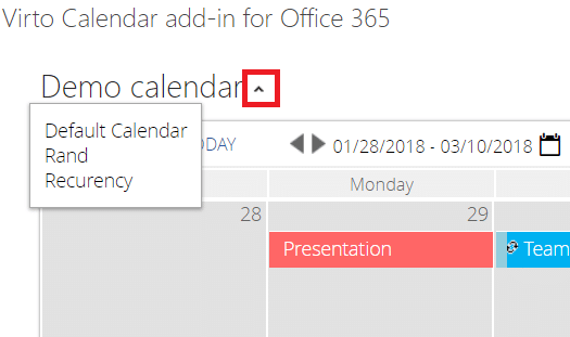 Virto Calendar add-in for Office 365 displaying demo calendar with events and navigation options.