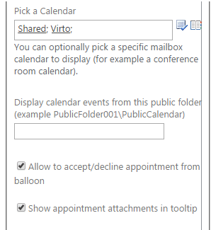 SharePoint calendar settings panel with options for selecting shared calendar and appointment preferences