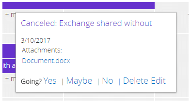 Calendar event showing canceled meeting with attachment and RSVP options.