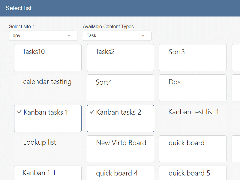 Select list interface showing available content types and task lists for SharePoint Kanban Board