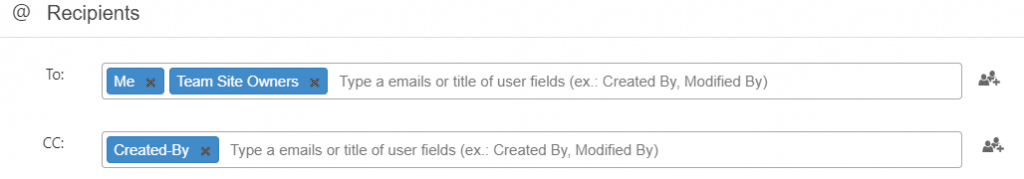 Email recipient configuration interface showing To and CC fields with user selection tags
