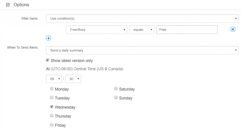 Virto Alerts app filter and scheduling options interface