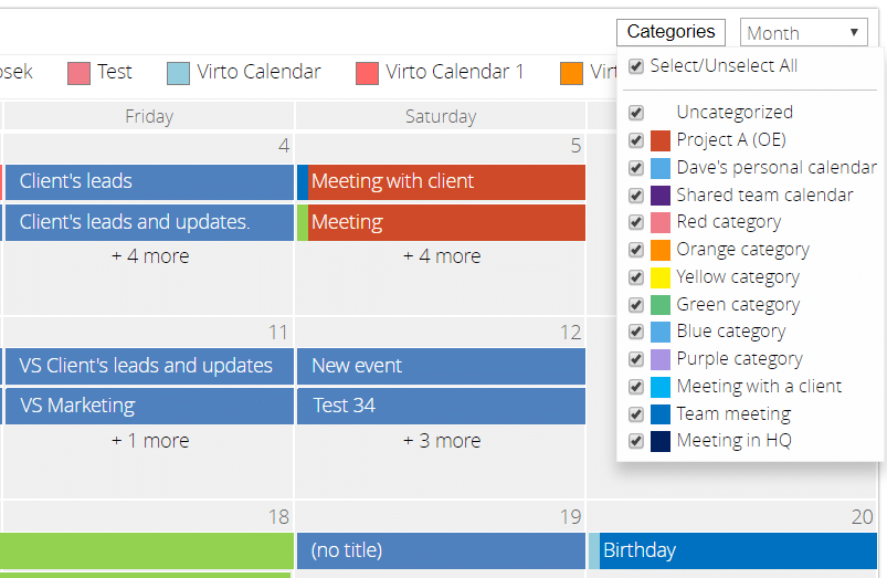 Calendar view showing events scheduled across Friday-Saturday with category legend on right side
