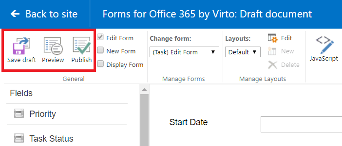 Forms for Office 365 by Virto draft document interface showing fields and form editing options