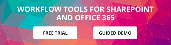 Workflow tools banner with free trial and guided demo buttons for SharePoint and Office 365