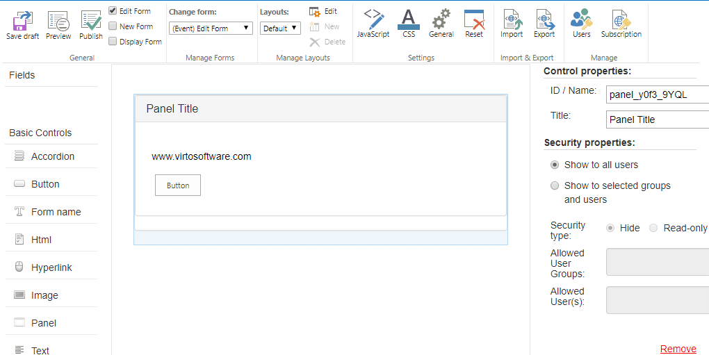 Forms Designer interface showing panel editing with title, button, and security properties settings.