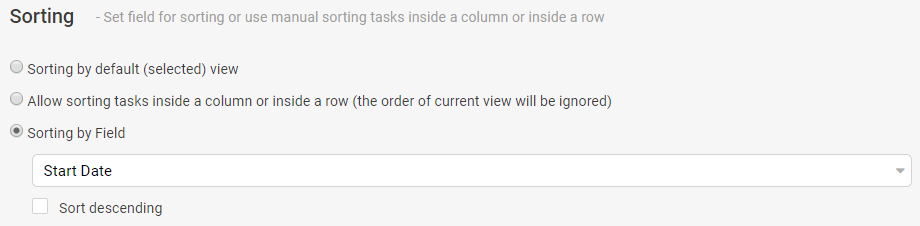 Sorting options dialog showing field selection and sort direction settings for SharePoint Kanban view configuration.