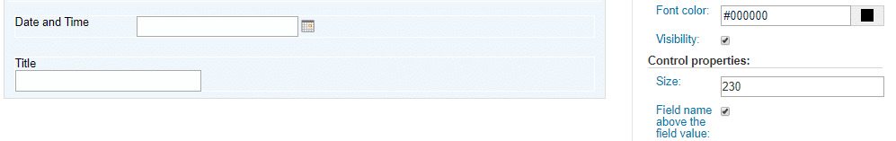 SharePoint form fields showing Date and Time picker and Title input with font color and visibility settings