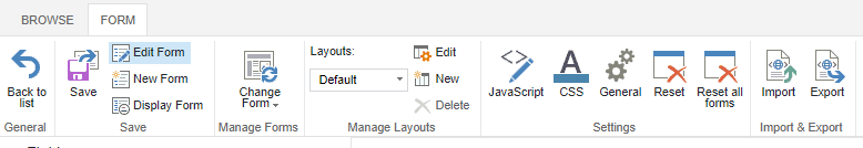 SharePoint Forms Designer toolbar showing BROWSE and FORM tabs with editing, layout, and settings options.