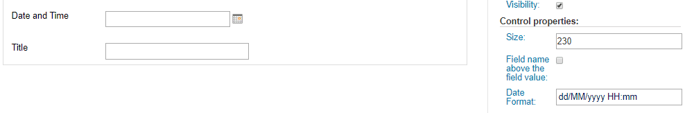 SharePoint form fields for Date and Time, Title with control properties panel showing size and date format settings.