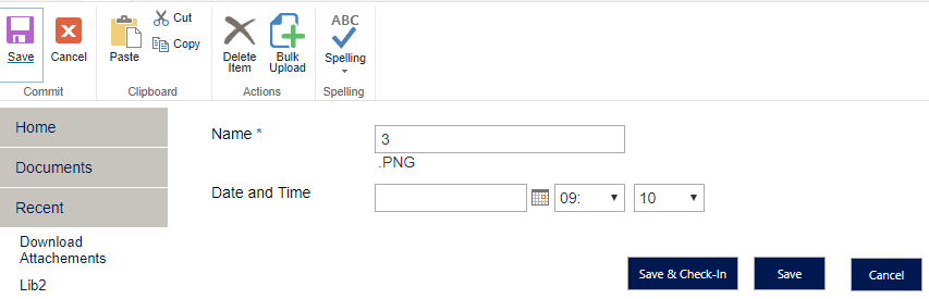SharePoint form interface showing name and date/time fields with Save, Check-in, and Cancel buttons.