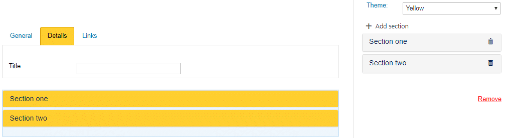 SharePoint form configuration interface with Details tab, title field, and yellow-themed sections one and two.
