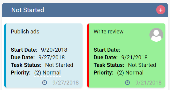 Two task cards showing "Publish ads" and "Write review" with start dates, due dates, and "Not S