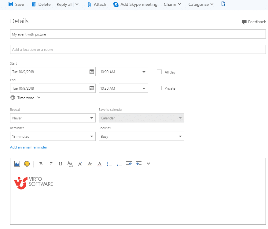 Event creation dialog showing meeting details with Virto Software logo in the message body.