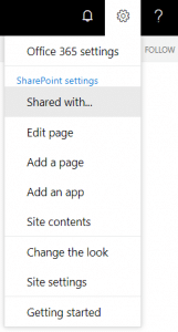 Office 365 settings menu with SharePoint options including Edit page, Add page, and Site settings