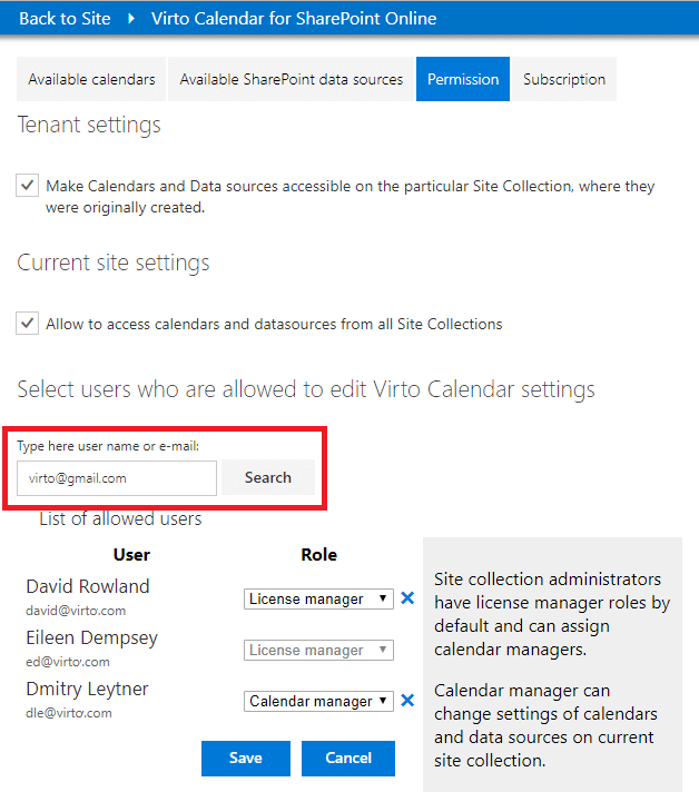 Virto Calendar SharePoint Online Permission settings showing user roles and access configuration interface.
