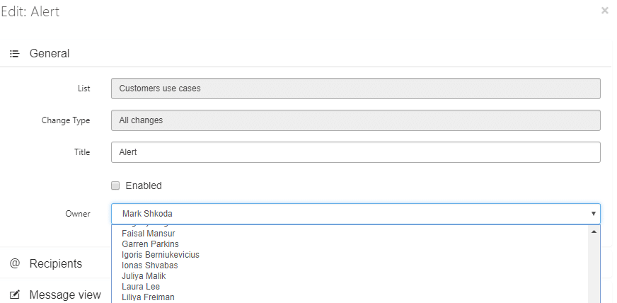 Alert configuration form showing list, change type, title, owner and recipients fields