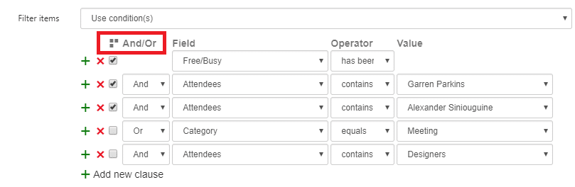 Filter conditions interface showing AND/OR logic for Virto Alerts with multiple criteria rows