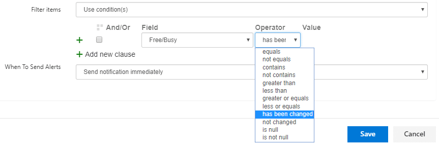 Alert filter configuration dialog with field, operator, and value options for setting notification conditions.