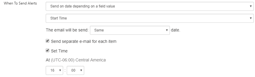 Alert scheduling settings showing date-based triggers and time configuration options