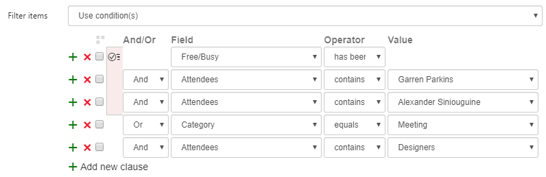 Filter conditions interface showing AND/OR logic operators with multiple search criteria fields and values