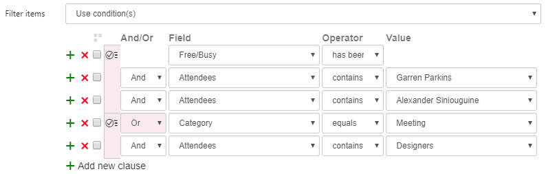 Filter configuration interface showing multiple condition clauses with fields, operators, and values