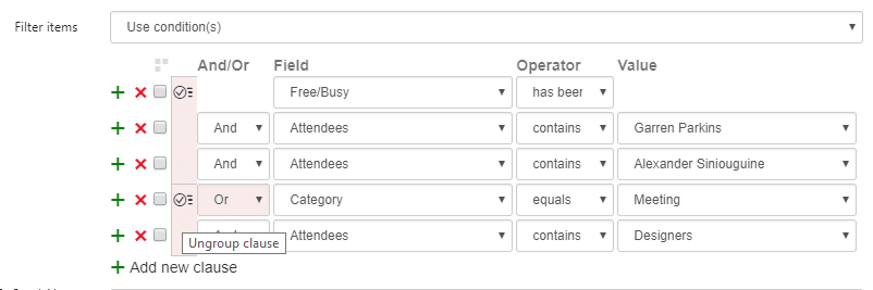 Filter conditions interface showing AND/OR logic with fields, operators, and values for event filtering.