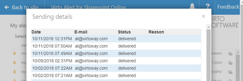 Email delivery status log showing dates, recipients, and delivery confirmations