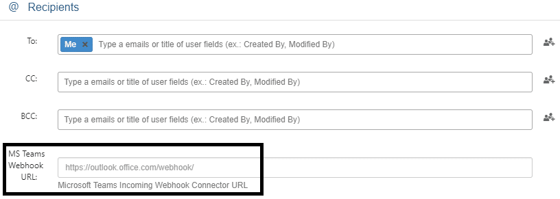 Email recipient fields for SharePoint alerts with MS Teams webhook URL configuration option