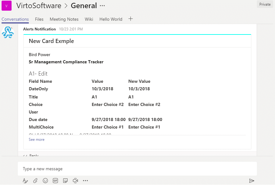 SharePoint alert notification showing card edit details with field changes for Sr Management Compliance Tracker