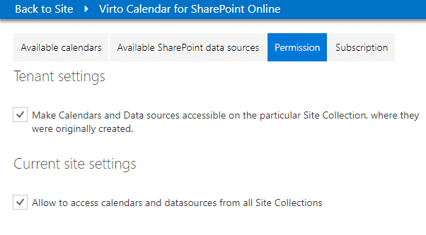 Virto Calendar SharePoint Online permission settings interface with tenant and site options