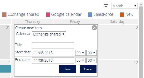 Dialog for creating a new calendar event with Exchange shared calendar selected