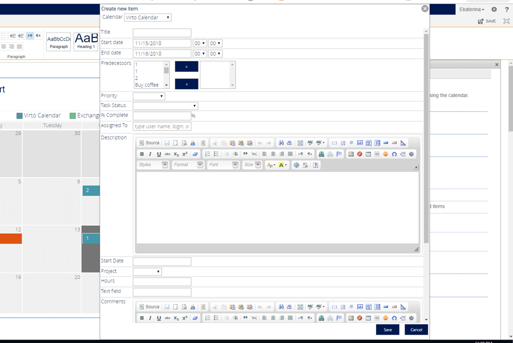Calendar item creation form with fields for title, dates, predecessors, priority, and description in Virto Calendar.