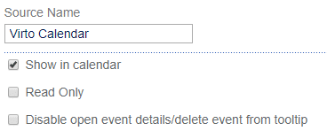 Configuration options for Virto Calendar source settings including visibility and permissions