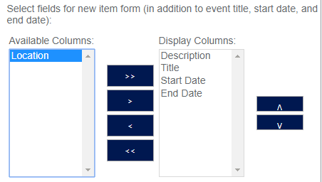 Form field selection interface showing available columns and display columns with arrow buttons for configuration.