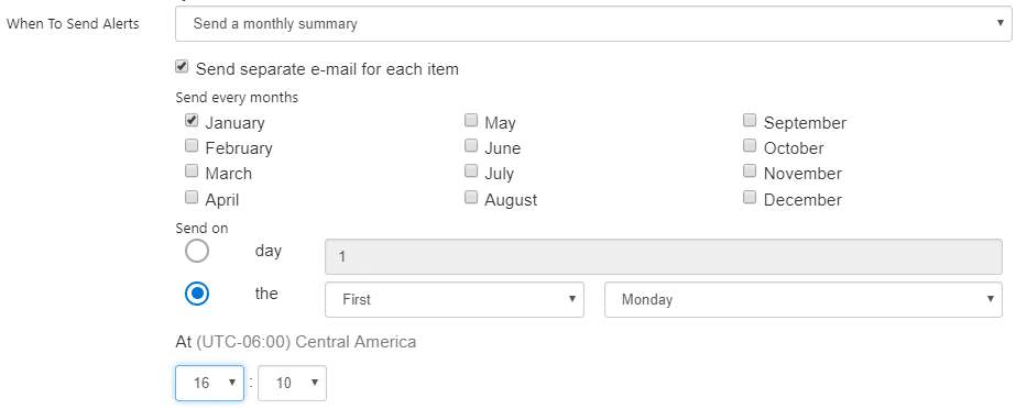 Email alert settings form showing frequency, month selection, and delivery day options.