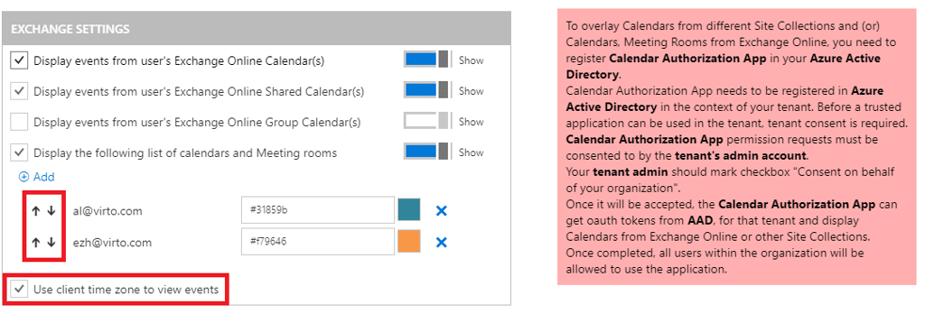 Exchange settings panel showing calendar display options and user calendars with authorization details.