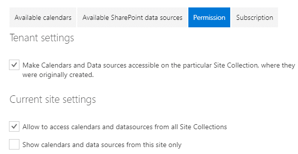 Settings tabs for calendars and data sources with tenant and site configuration options.