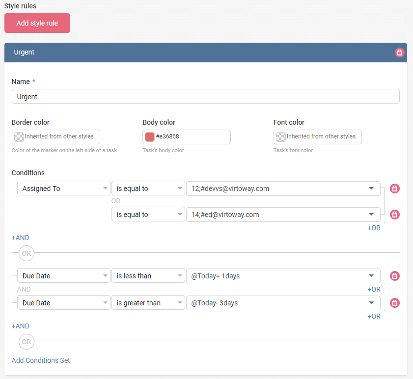 Style rule configuration interface showing "Urgent" task styling with color, border, and conditional formattin