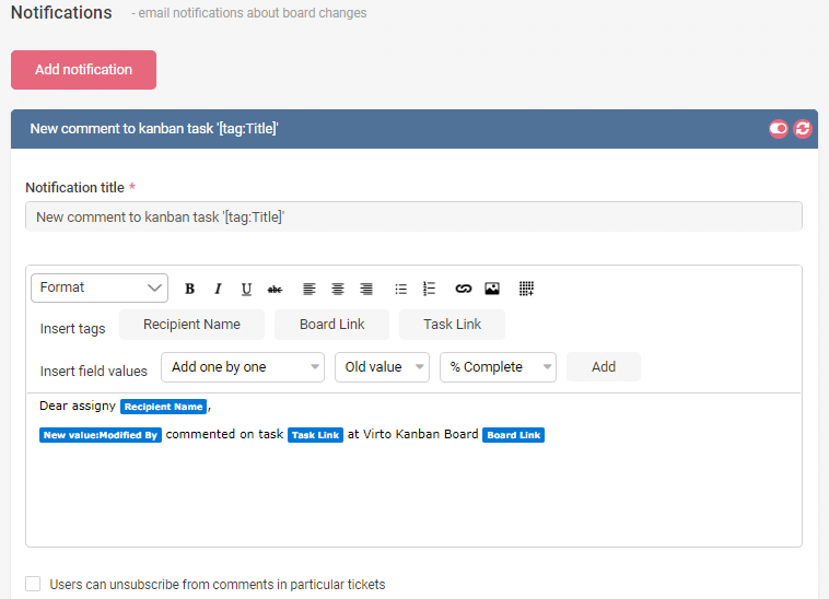 Notification settings form for Kanban task comments with customizable email template