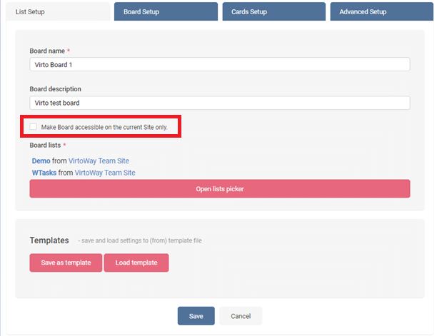 Board Setup tab showing configuration fields for Virto Kanban Board with name, description, and list selection options.